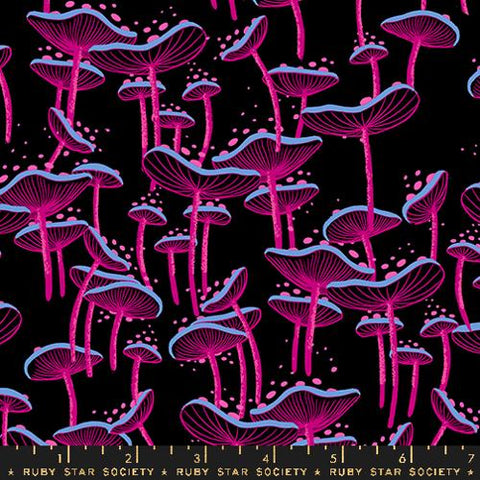 Fungi Novelty Mushrooms Whimsy in Black -- Glow Garden by Sarah Watts -- Moda Fabrics