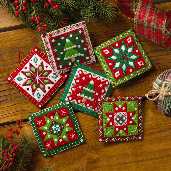 Bucilla Holiday Quilt Squares Felt Ornament Kit Set of 6