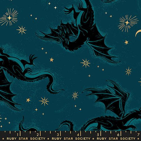 Etched Dragons in Metallic Galaxy -- Fireglow by Sarah Watts --  Ruby Star Society -- Moda Fabrics