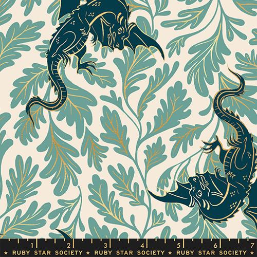 Dragon Lair  in Metallic Watercress -- Fireglow by Sarah Watts --  Ruby Star Society -- Moda Fabrics