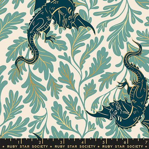 Dragon Lair  in Metallic Watercress -- Fireglow by Sarah Watts --  Ruby Star Society -- Moda Fabrics