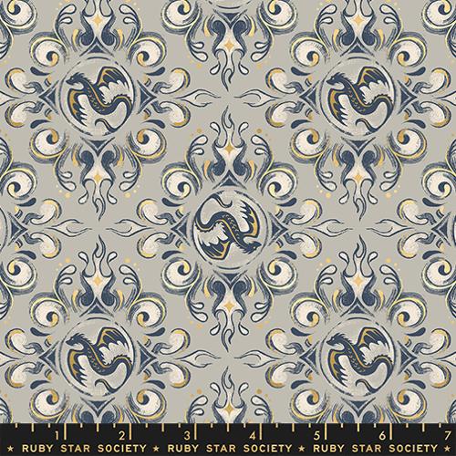 Emblem Dragon Fantasy in Metallic Oyster -- Fireglow by Sarah Watts --  Ruby Star Society -- Moda Fabrics