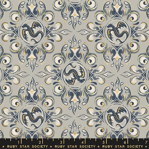 Emblem Dragon Fantasy in Metallic Oyster -- Fireglow by Sarah Watts --  Ruby Star Society -- Moda Fabrics