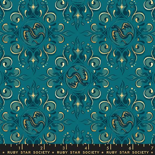 Emblem Dragon Fantasy in Metallic Galaxy -- Fireglow by Sarah Watts --  Ruby Star Society -- Moda Fabrics