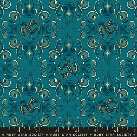 Emblem Dragon Fantasy in Metallic Galaxy -- Fireglow by Sarah Watts --  Ruby Star Society -- Moda Fabrics