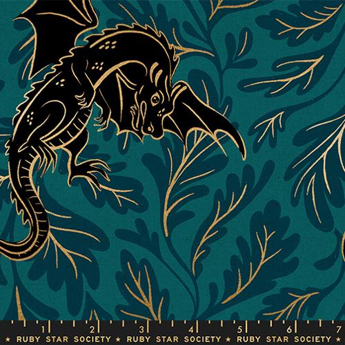 Dragon Lair in Metallic Galaxy Canvas -- Fireglow by Sarah Watts --  Ruby Star Society -- Moda Fabrics
