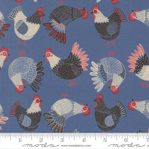 Tossed Chickens in Cobalt -- The Henhouse by Gingiber for Moda Fabrics