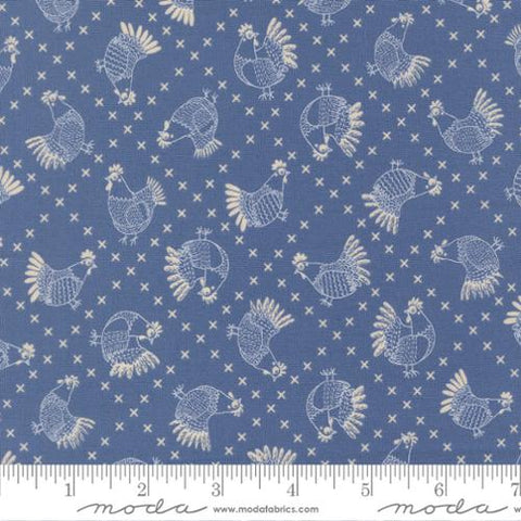 Cross Stitch Chickens in Cobalt -- The Henhouse by Gingiber for Moda Fabrics