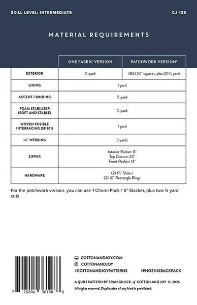 Phoenix Backpack Pattern  -- Cotton and Joy