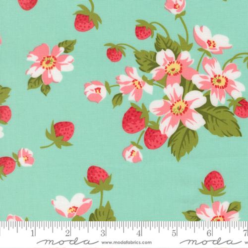 In Bloom Florals Strawberries in Aqua -- Bloomsberry by Camille Roskelley -- Moda Fabrics