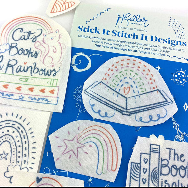 Stick It Stitch It Water Soluble Embroidery Patterns-Cats, Books, Rainbows