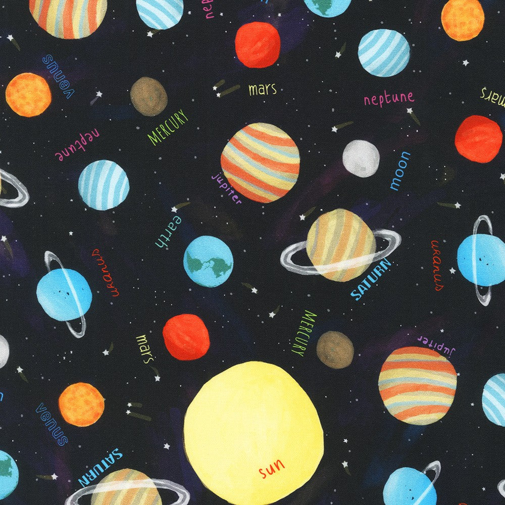 Planets on black by Carla Daly from Space Adventure --- Robert Kaufman Fabrics