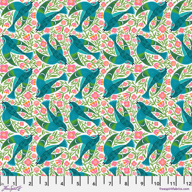Blue Birdy - White || What the Birds said by Cori Dantini -- Free Spirit Fabrics