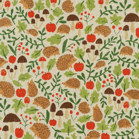 Hedgehogs & Apples Natural Canvas -- Cotton Flax Prints by Sevenberry -- Robert Kaufman
