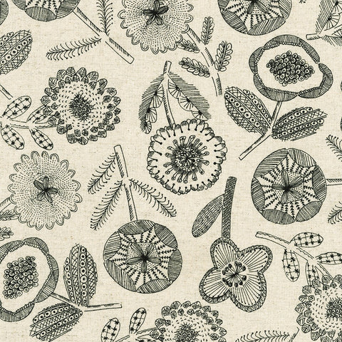 Doodle Flowers on Natural Canvas -- Cotton Flax Prints by Sevenberry -- Robert Kaufman