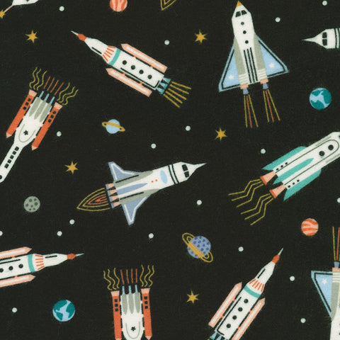 Rockets in Black from Astrobots Flannel -- Robert Kaufman