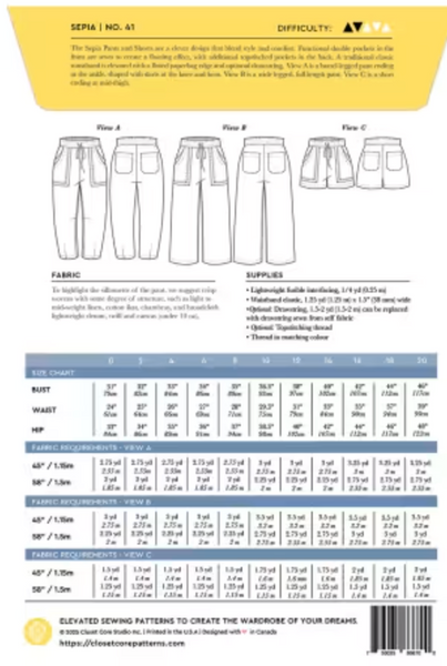 Sepia Pants and Shorts Pattern (0-20) -- Close Core Patterns