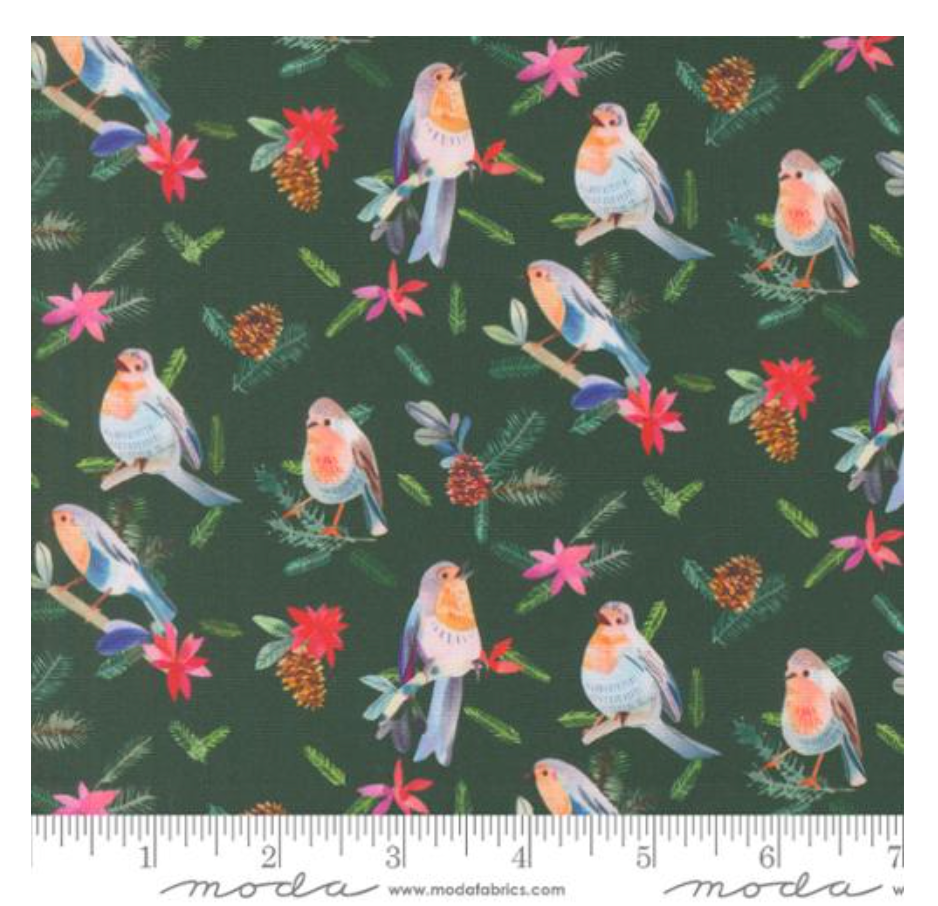 Robins With Pinecones in Evergreen -- Love And Cheer by Amarilys Henderson -- Moda Fabrics