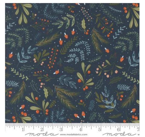 Holly and Pine Florals in Midnight -- Purrfect Christmas by Elena Amo for Moda Fabrics