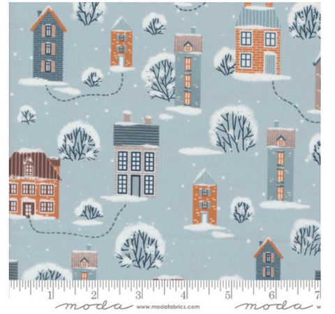 Snowy Town Landscape in Sky -- Purrfect Christmas by Elena Amo for Moda Fabrics