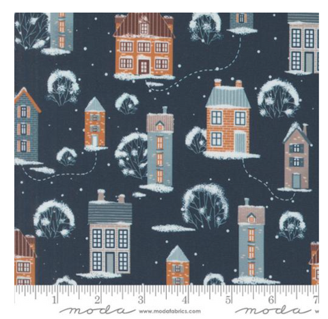 Snowy Town Landscape in Midnight -- Purrfect Christmas by Elena Amo for Moda Fabrics