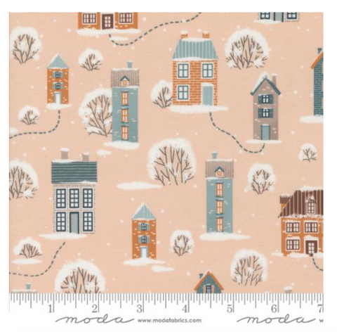 Snowy Town Landscape in Bubblegum  -- Purrfect Christmas by Elena Amo for Moda Fabrics