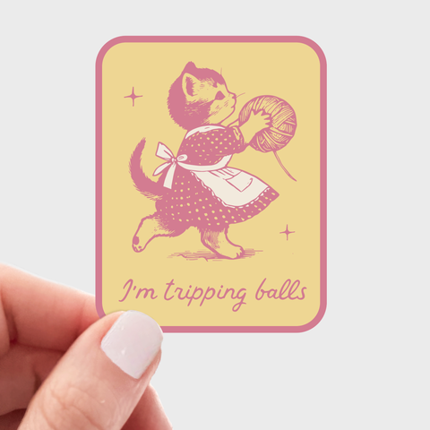 I'm Tripping Balls Sticker - cat, kitten, retro, yarn