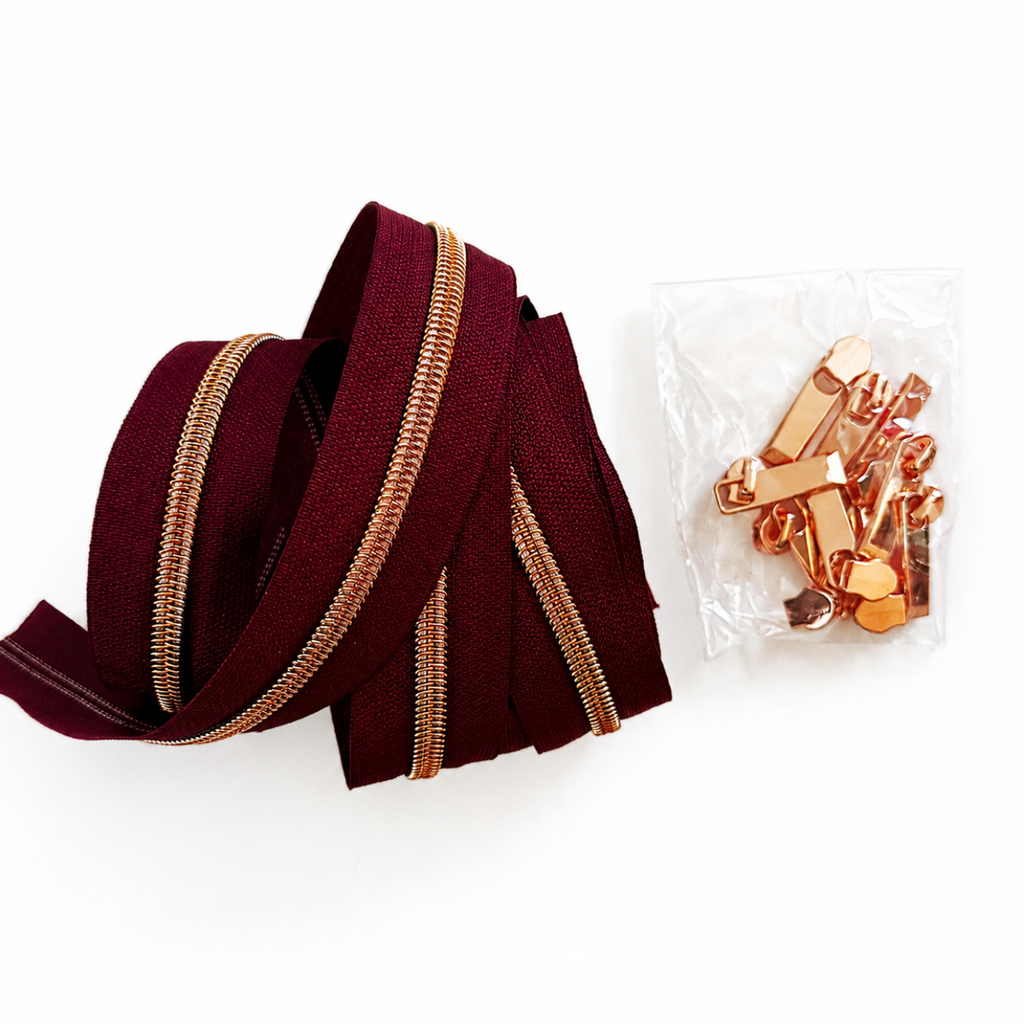 Wine Red Zipper Tape with Rose Gold Teeth – 3 Yards