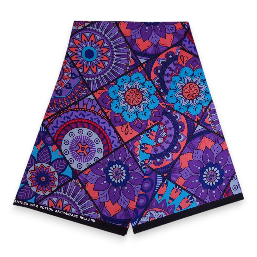 African Print Fabric - Purple & Light Blue Mandala Patchwork - 100% Cotton