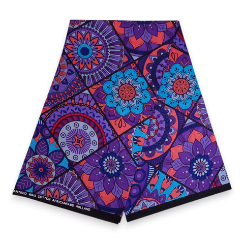 African Print Fabric - Purple & Light Blue Mandala Patchwork - 100% Cotton
