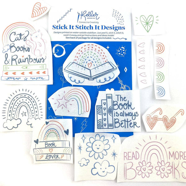 Stick It Stitch It Water Soluble Embroidery Patterns-Cats, Books, Rainbows