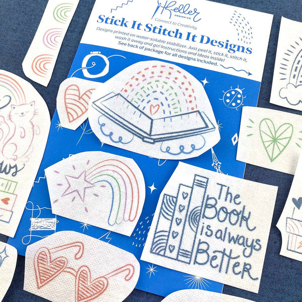 Stick It Stitch It Water Soluble Embroidery Patterns-Cats, Books, Rainbows