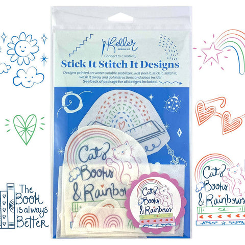 Stick It Stitch It Water Soluble Embroidery Patterns-Cats, Books, Rainbows
