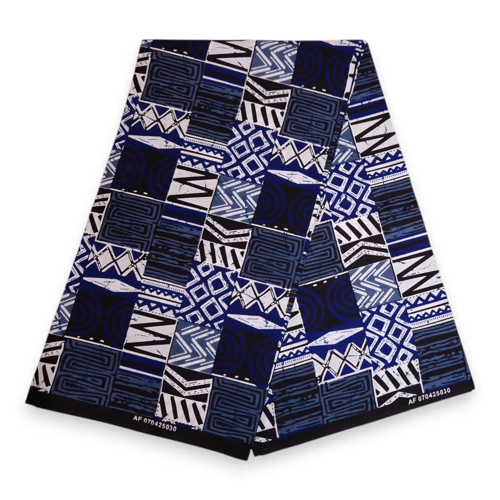African Print Fabric - Blue Bogolan Mosaic - 100% Cotton