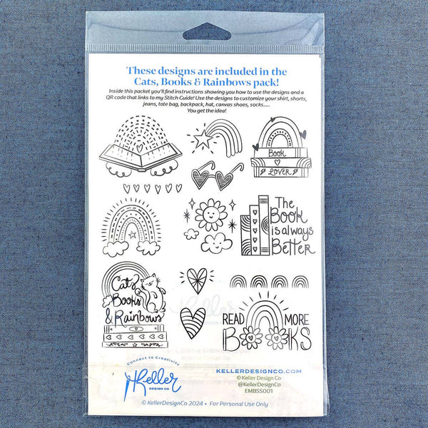 Stick It Stitch It Water Soluble Embroidery Patterns-Cats, Books, Rainbows