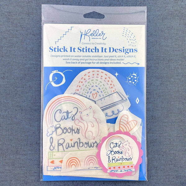 Stick It Stitch It Water Soluble Embroidery Patterns-Cats, Books, Rainbows