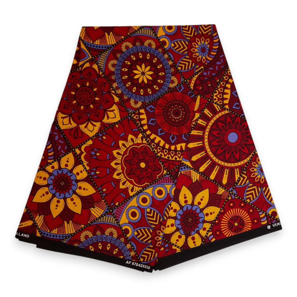 African Print Fabric - Red & Yellow Mandala Patchwork - 100% Cotton