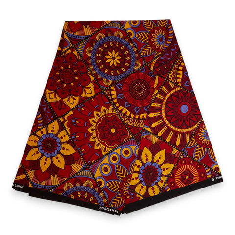 African Print Fabric - Red & Yellow Mandala Patchwork - 100% Cotton