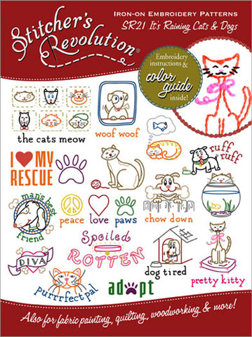 Stitcher's Revolution Raining Cats & Dogs Iron On Transfer Embroidery Pattern