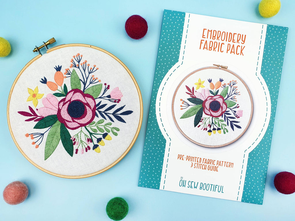 Poppy Bouquet Floral Embroidery Pattern Fabric Pack