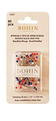 Bohin Glass Head Pins 1 3/16 in 80 Blue, White and Red