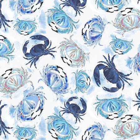 White Ocean Blue Crabs --- Ocean Blue by Tom Little Studio Collection -- Timeless Treasures