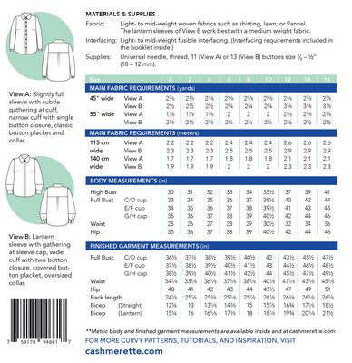 Vernon Shirt Pattern, sizes 0-16 by Cashmerette