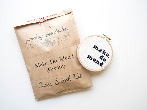 Make. Do. Mend (White) Embroidery Kit --- Junebug and Darlin