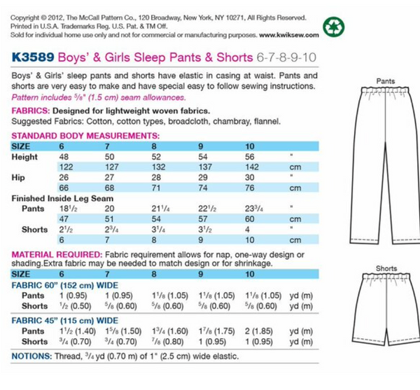 Kwik Sew Sleep Pants and Shorts Sewing Pattern, Size 6-7-8-9-10