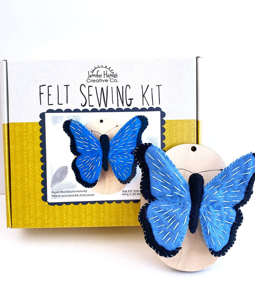 Blue Morpho Butterfly Felt Sewing Kit with Wood Mount – Three