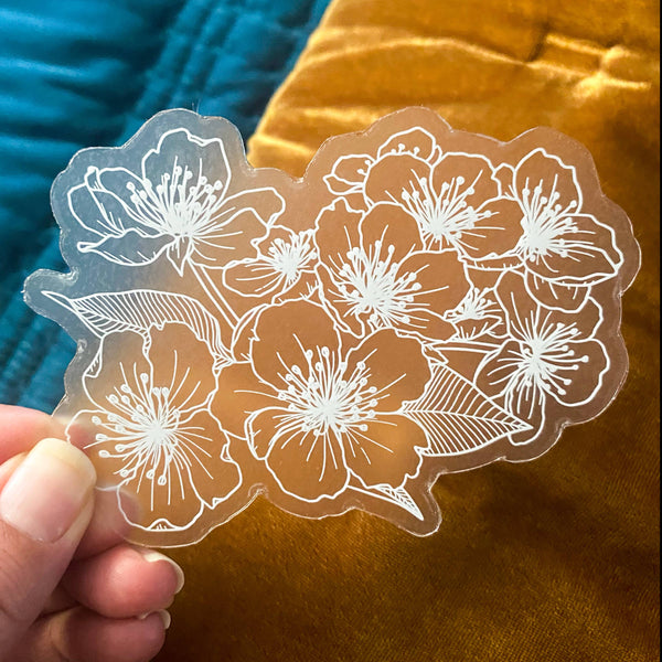 Cherry Blossoms - Vinyl Sticker (White on Clear)
