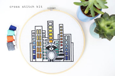 Raccoon in the City  - Modern Counted Cross Stitch kit by Diana Watters