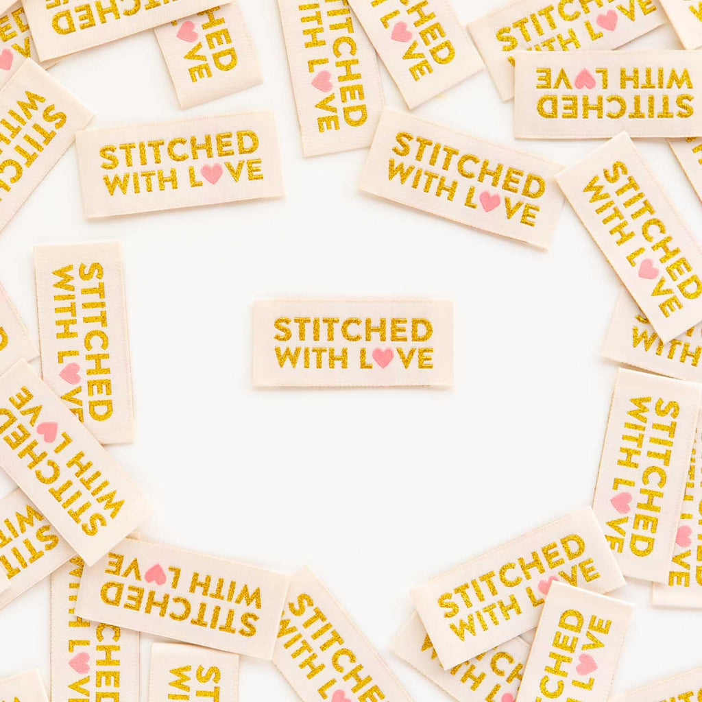 "Stitched With Love" Woven Label -- Sarah Hearts